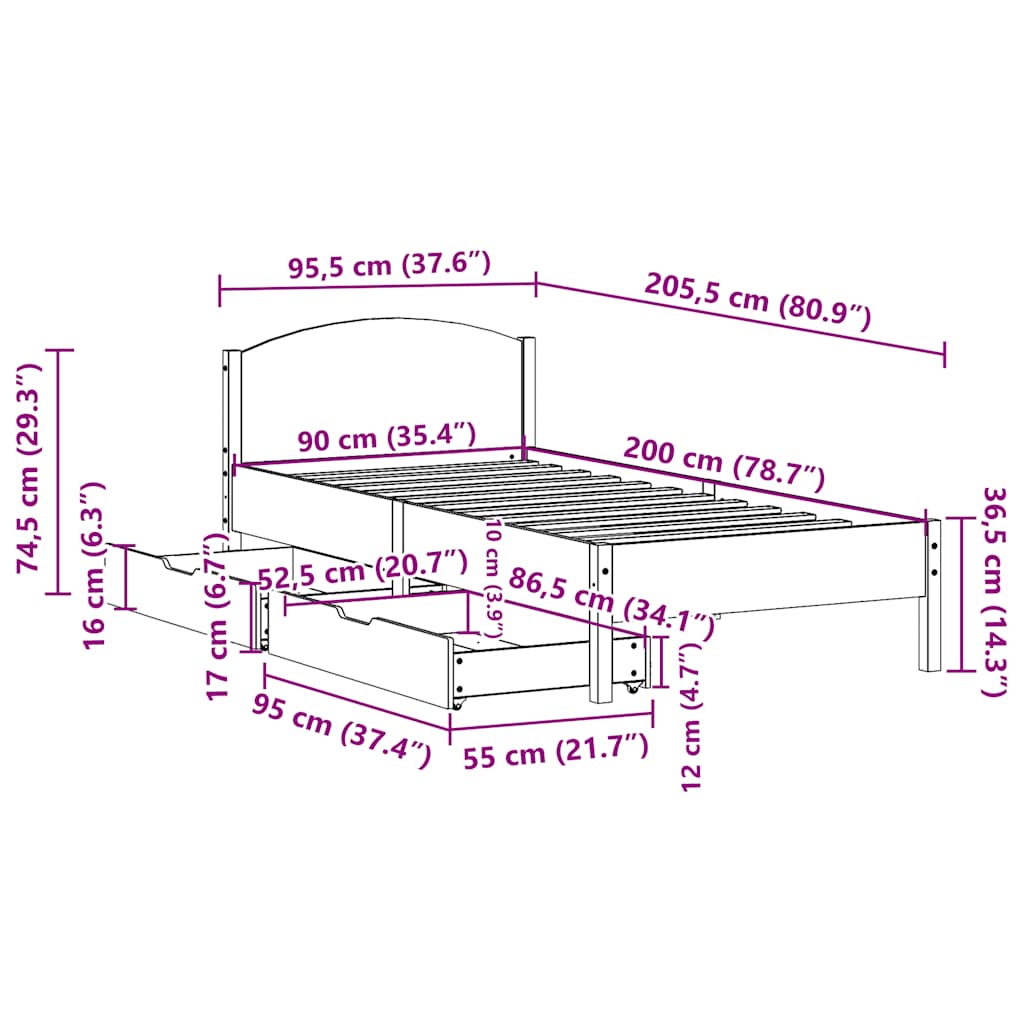 Bed Frame without Mattress Wax Brown 90x200 cm Solid Wood Pine