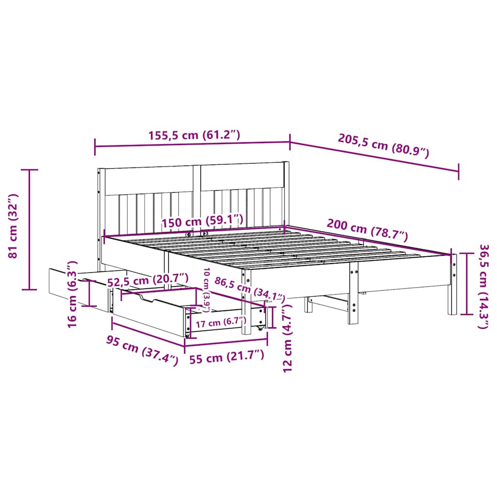 Bed Frame without Mattress White 150x200 cm King Size Solid Wood Pine