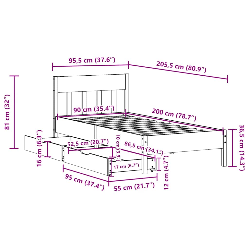 Bed Frame without Mattress Wax Brown 90x200 cm Solid Wood Pine
