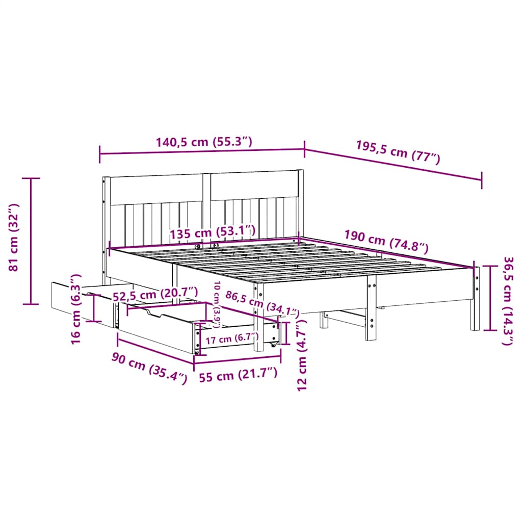 Bed Frame without Mattress Wax Brown 135x190 cm Double Solid Wood Pine