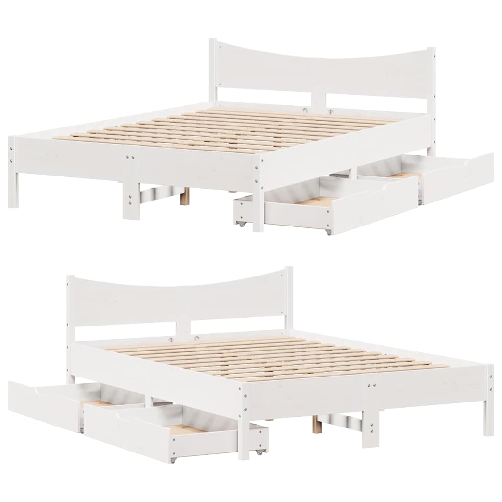 Bed Frame with Drawers White 150x200 cm King Size Solid Wood Pine