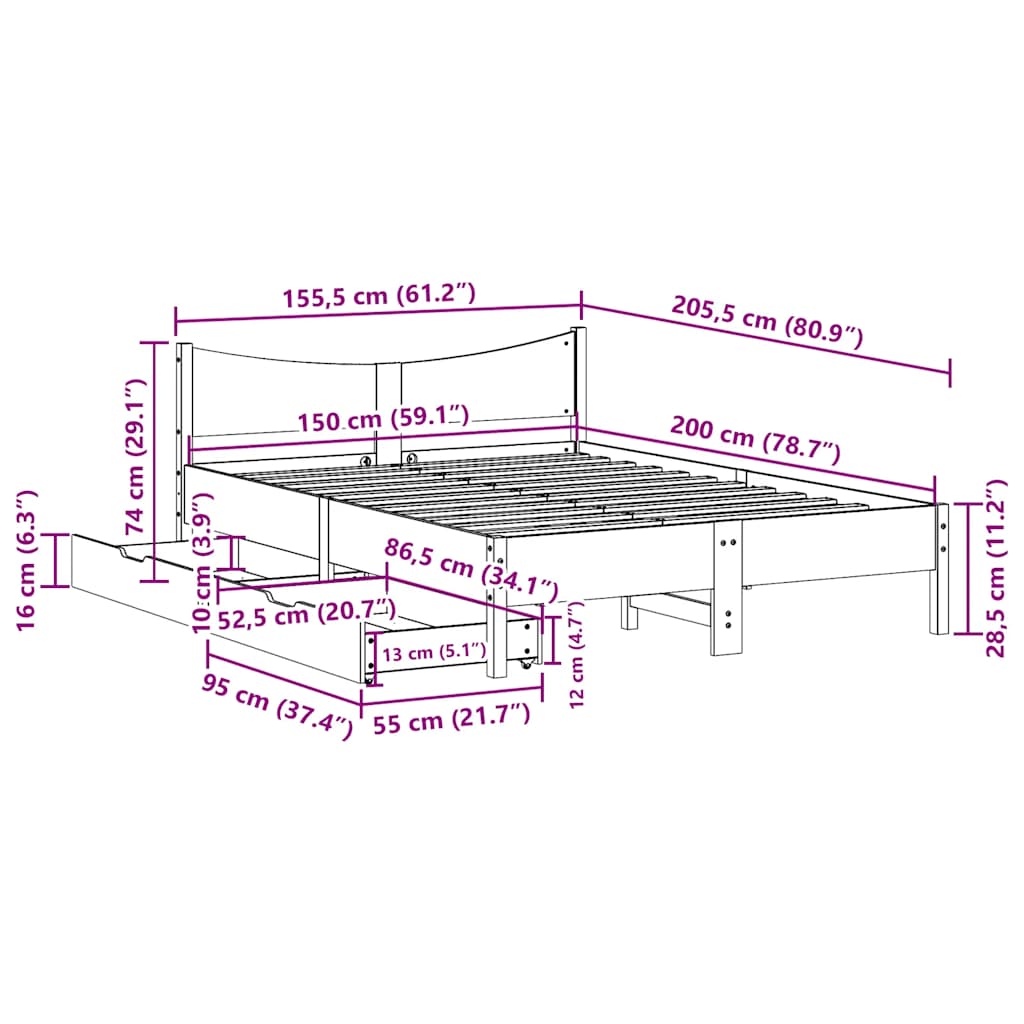 Bed Frame with Drawers White 150x200 cm King Size Solid Wood Pine