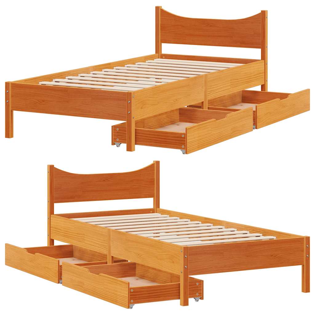Bed Frame with Drawers Wax Brown 75x190 cm Small Single Solid Wood Pine