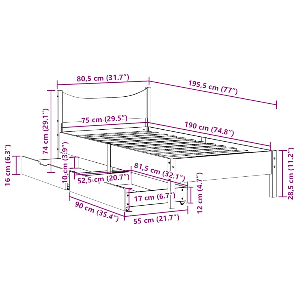 Bed Frame with Drawers Wax Brown 75x190 cm Small Single Solid Wood Pine