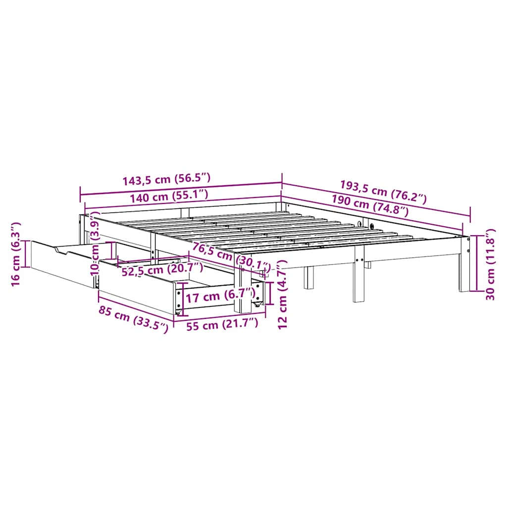 Bed Frame with Drawers without Mattress Wax Brown 140x190 cm