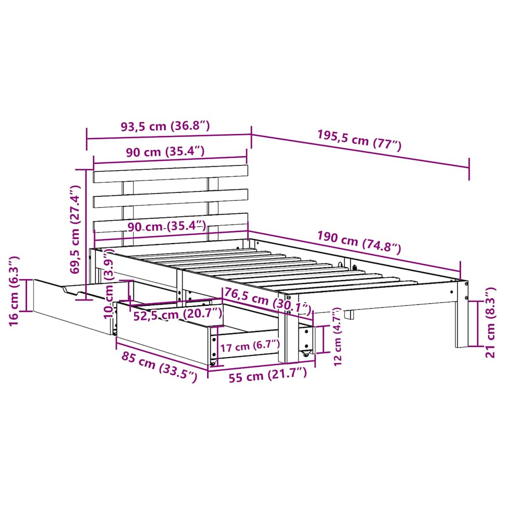 Bed Frame with Drawers without Mattress 90x190 cm Single