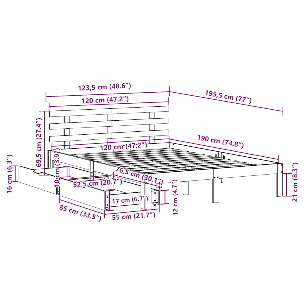 Bed Frame with Drawers without Mattress 120x190 cm Small Double