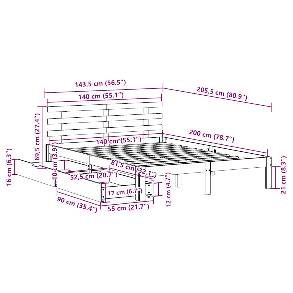 Bed Frame with Drawers without Mattress 140x200 cm
