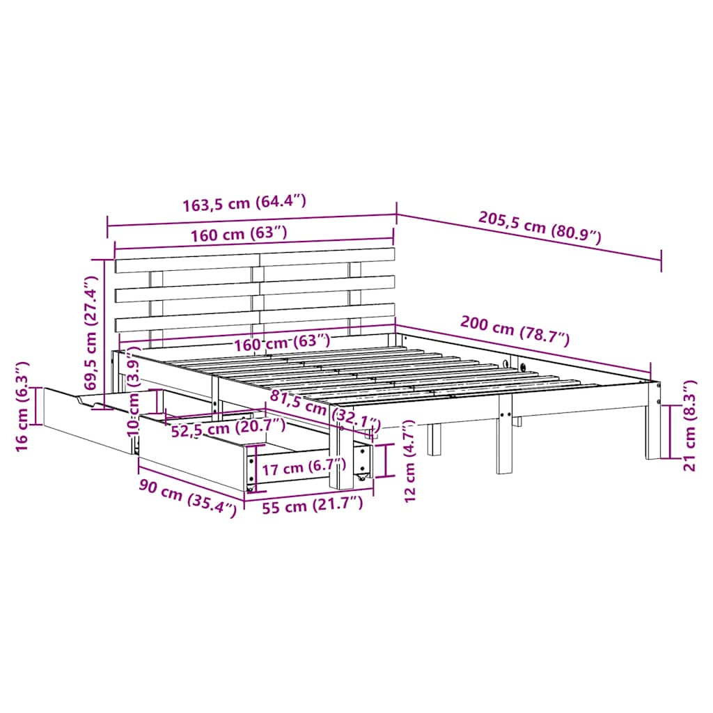 Bed Frame with Drawers without Mattress White 160x200 cm