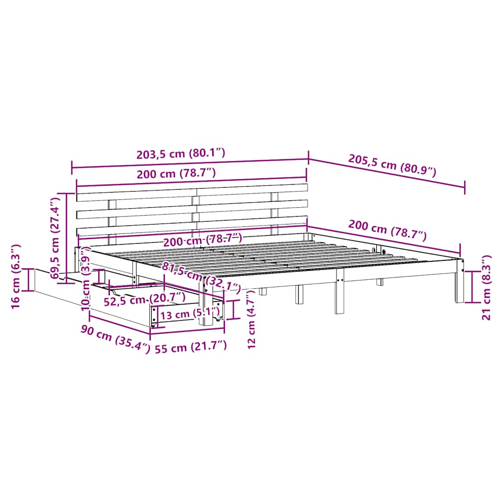 Bed Frame with Drawers without Mattress 200x200 cm