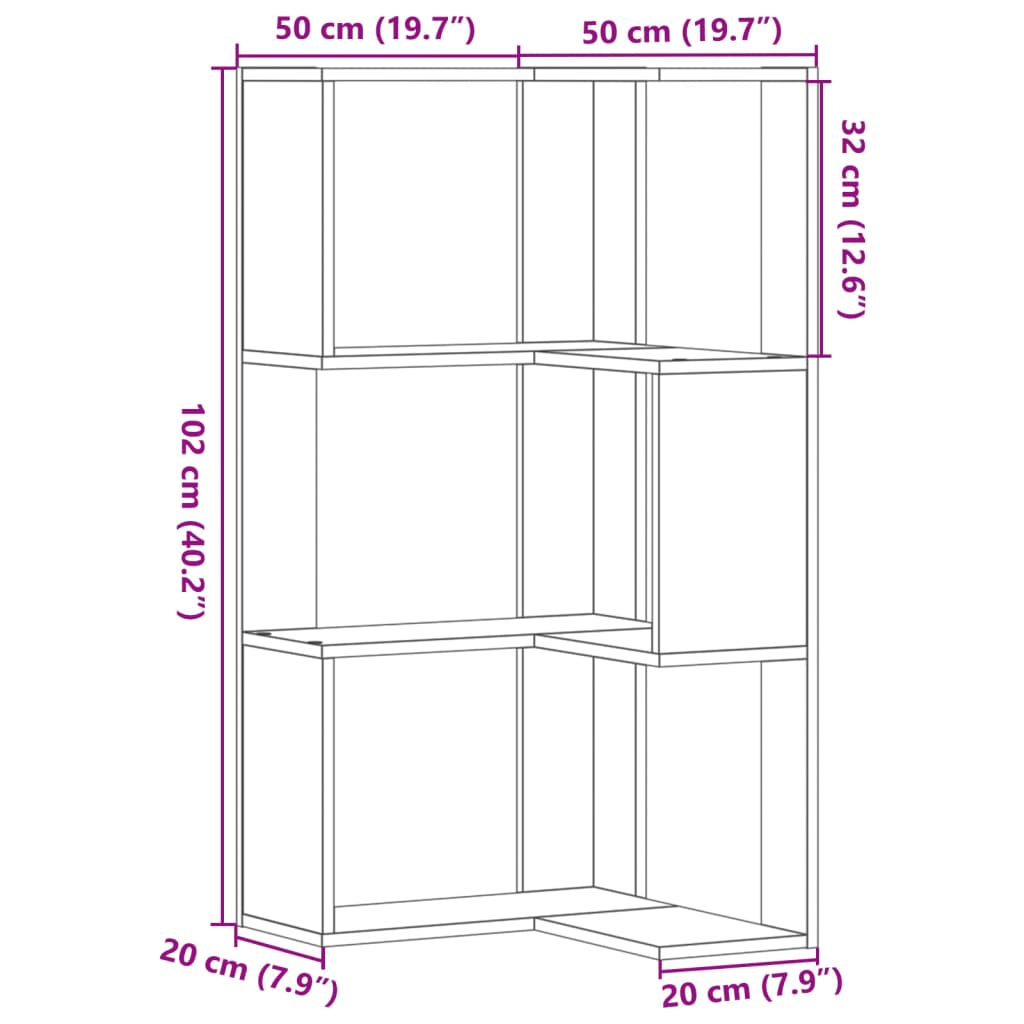 Corner Bookcase 3-Tier Concrete Grey 50x50x102 cm Engineered Wood
