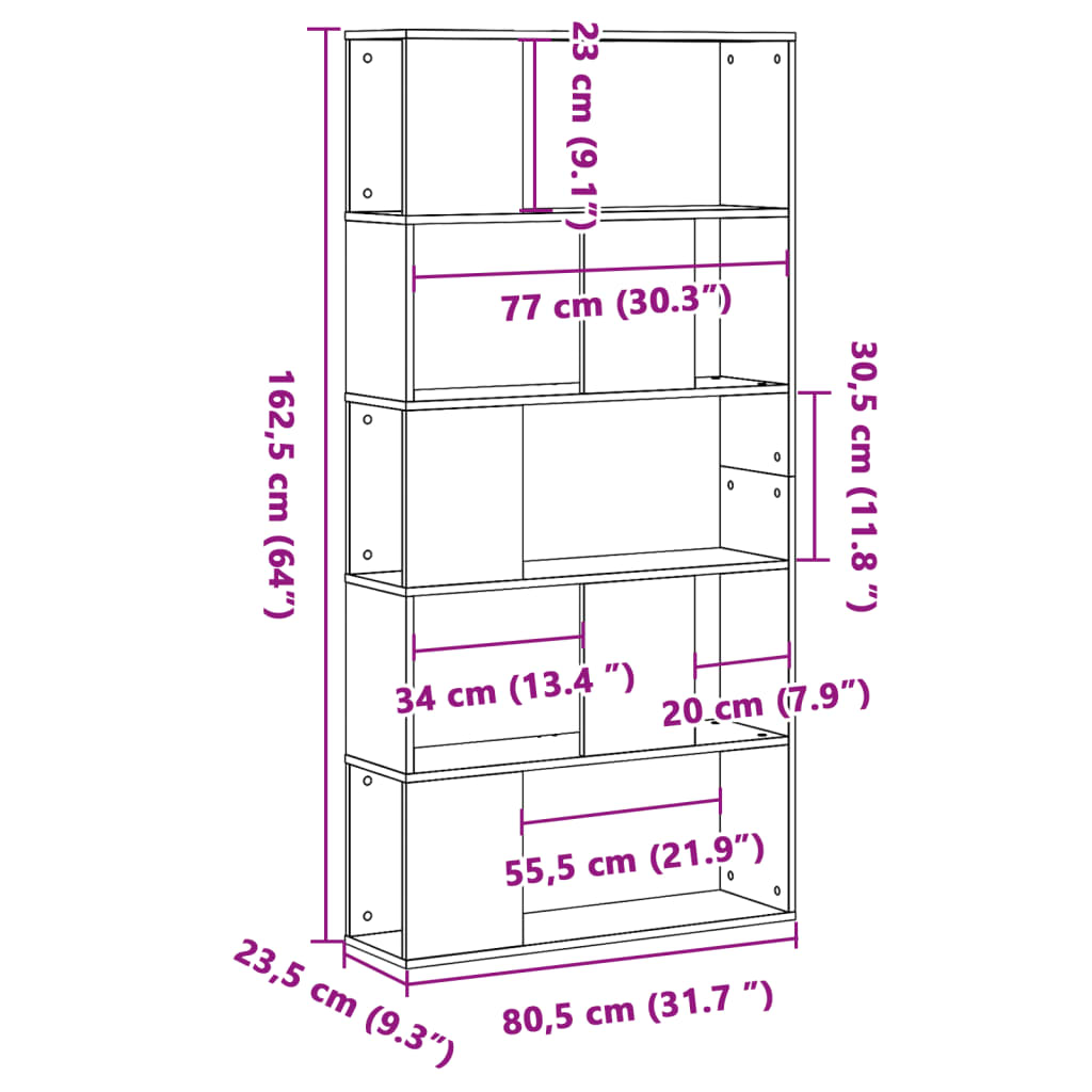 Bookcase 5-Tier Concrete Grey 80,5x23,5x162,5 cm Engineered Wood