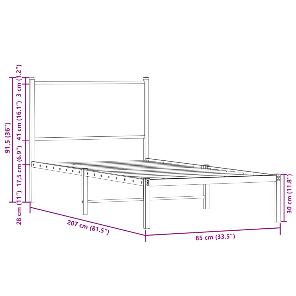 Metal Bed Frame without Mattress Smoked Oak 80x200 cm