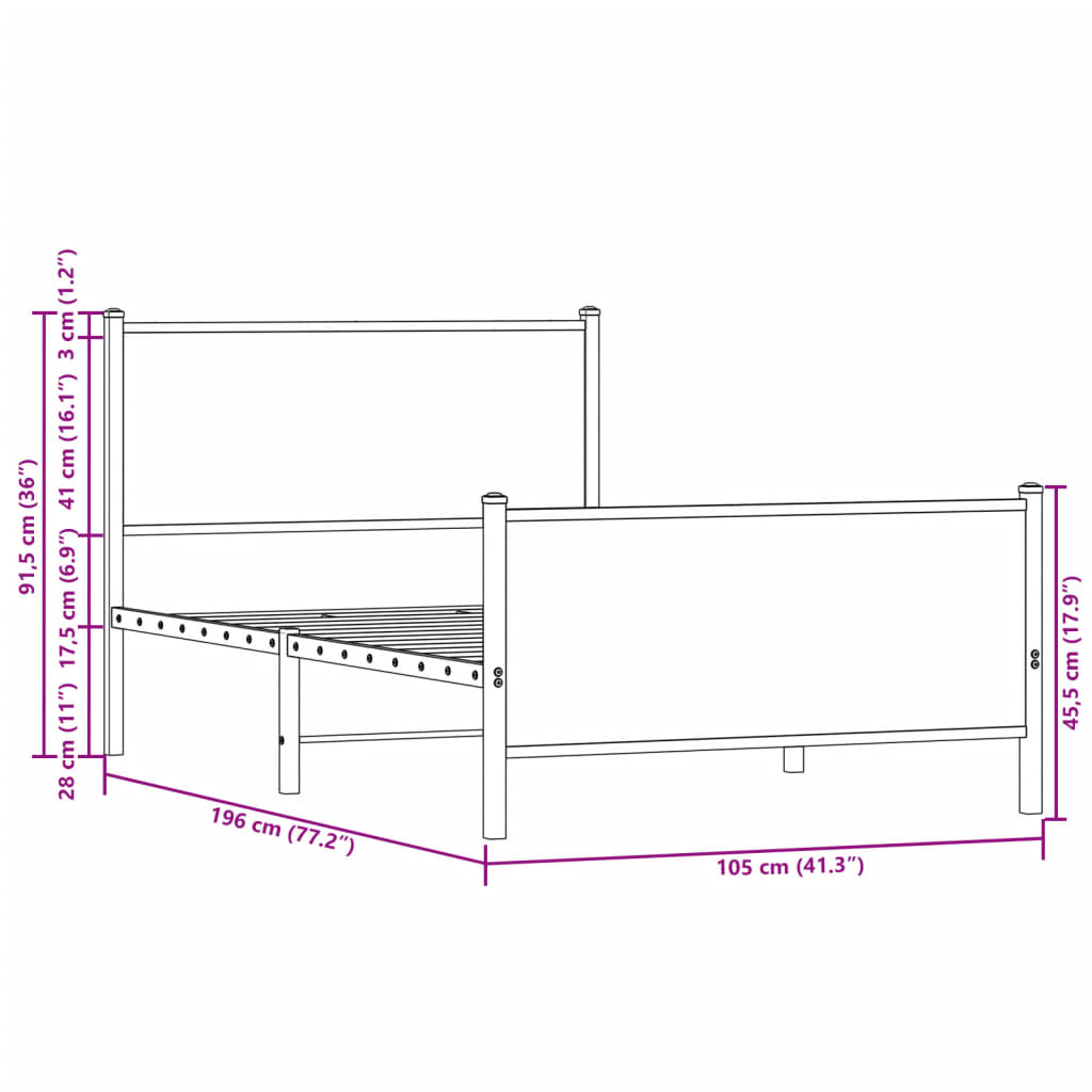 Metal Bed Frame without Mattress Sonoma Oak 100x190 cm
