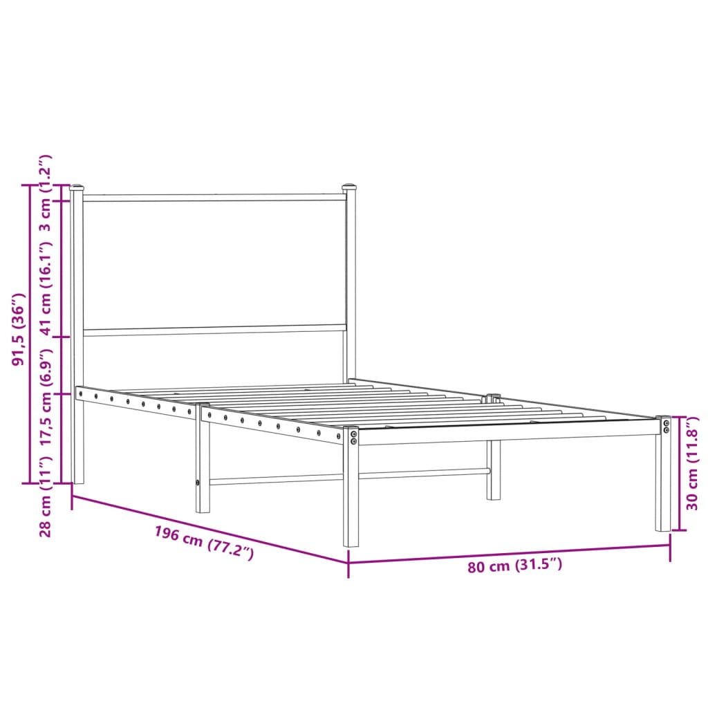 Metal Bed Frame without Mattress Brown Oak 75x190 cm Small Single