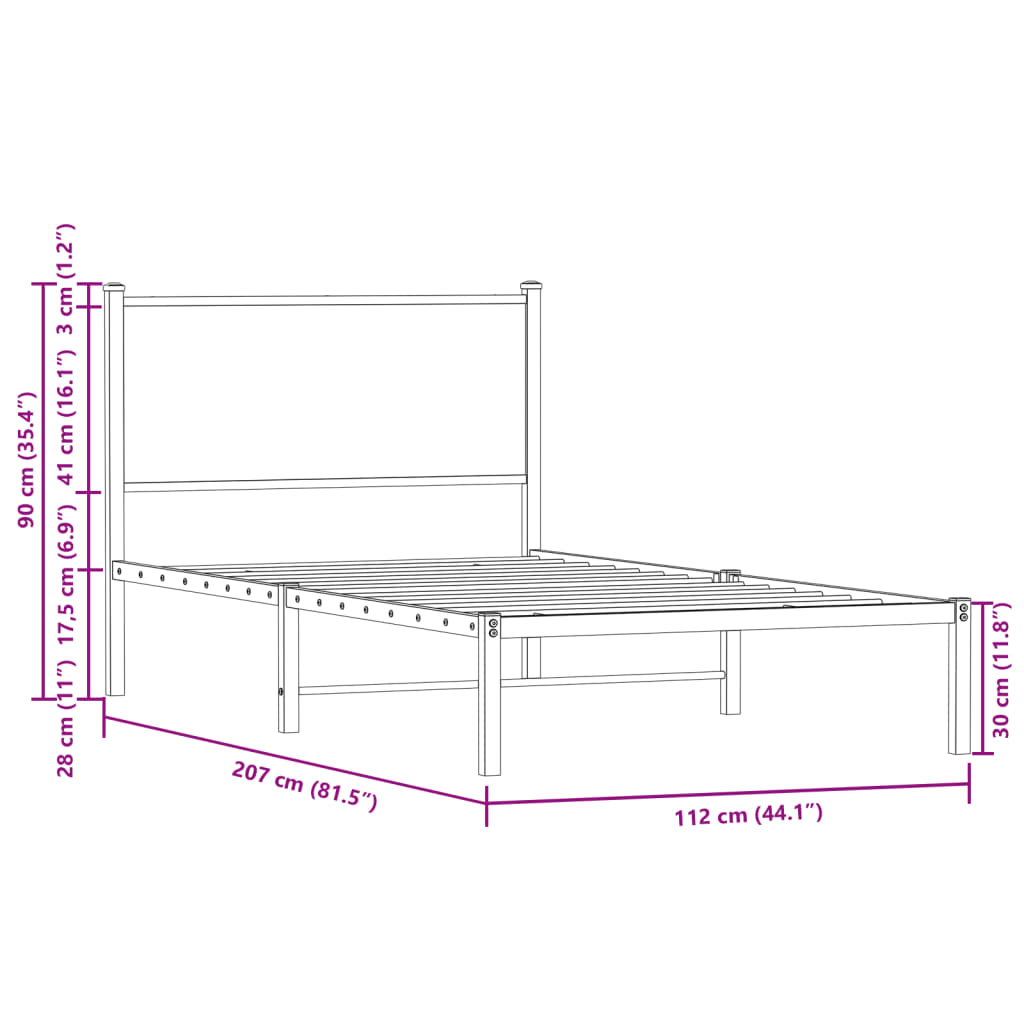 Metal Bed Frame without Mattress Brown Oak 107x203 cm