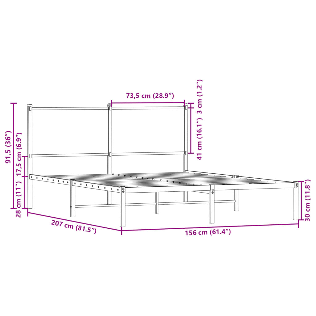 vidaXL Metal Bed Frame without Mattress Brown Oak 150x200 cm King Size