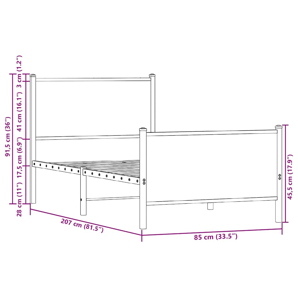 Metal Bed Frame without Mattress Brown Oak 80x200 cm