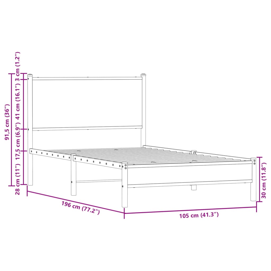 Metal Bed Frame without Mattress Smoked Oak 100x190 cm