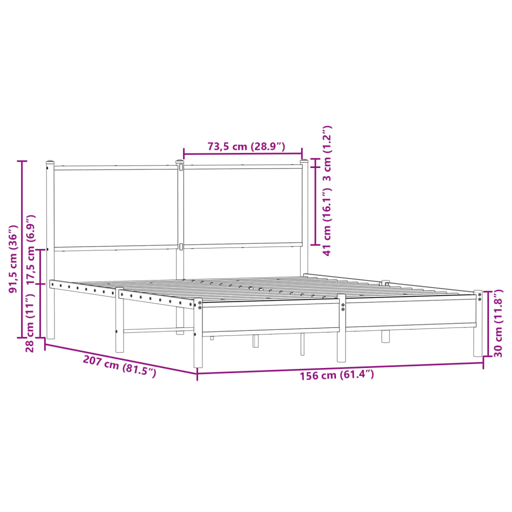 Metal Bed Frame without Mattress Smoked Oak 150x200 cm King Size