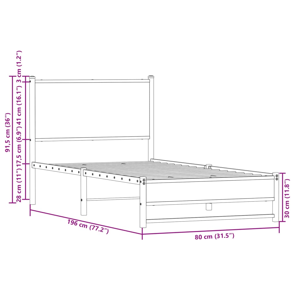 vidaXL Metal Bed Frame without Mattress Smoked Oak  75x190 cm Small Single