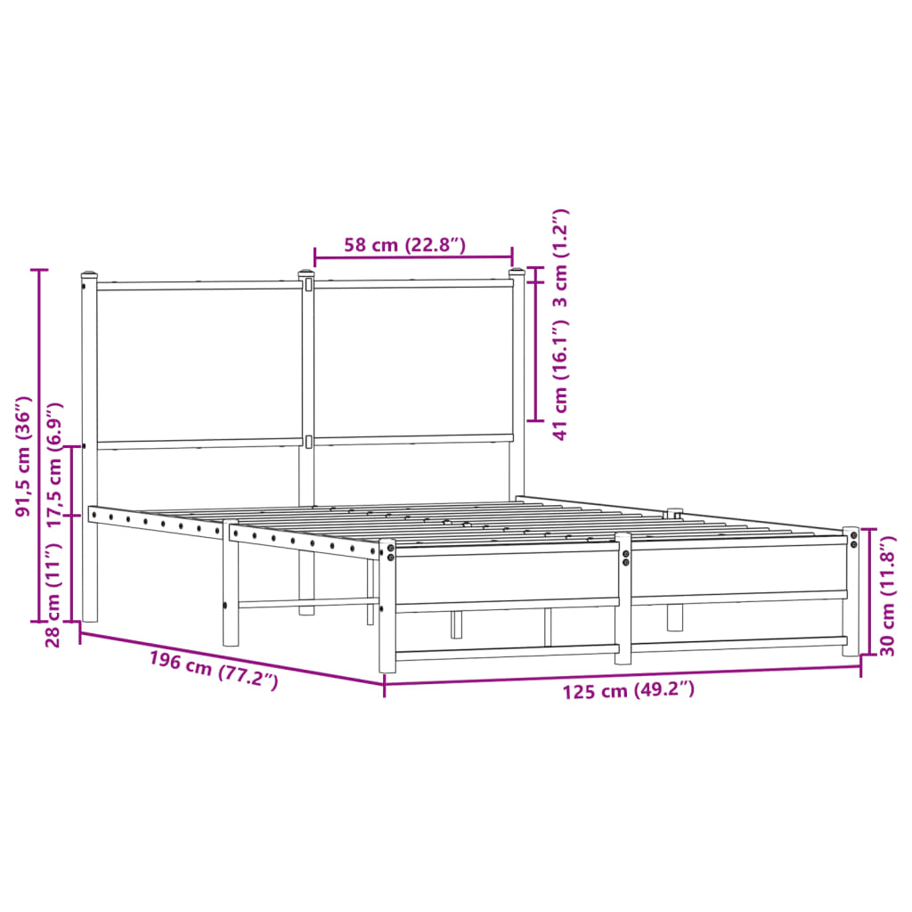 vidaXL Metal Bed Frame without Mattress Smoked Oak 120x190 cm Small Double