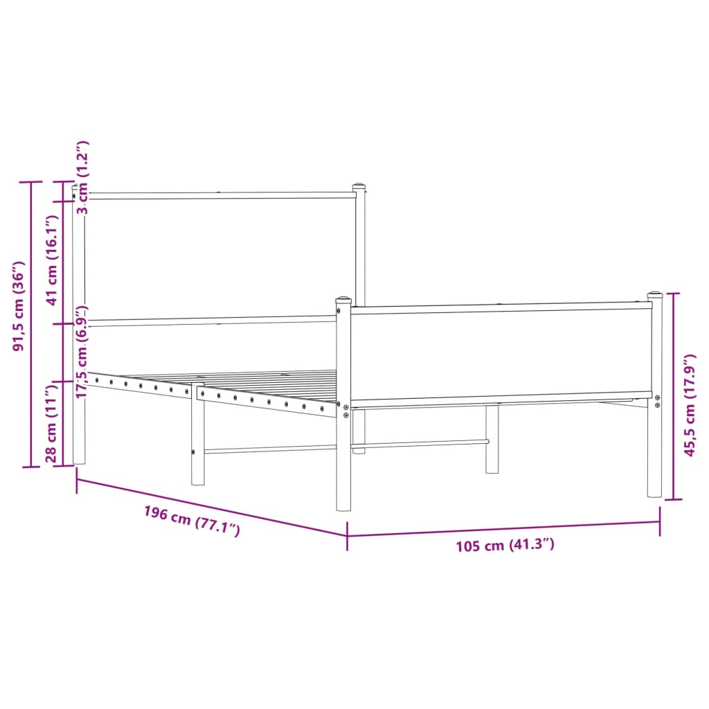 Metal Bed Frame without Mattress Smoked Oak 100x190 cm
