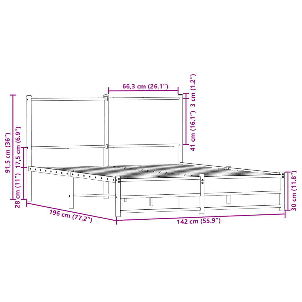 Metal Bed Frame without Mattress Sonoma Oak 137x190 cm