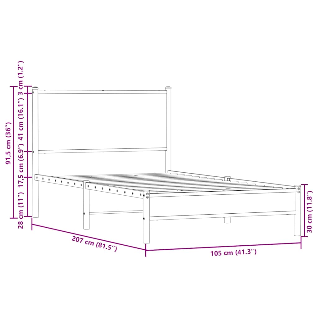 Metal Bed Frame without Mattress Brown Oak 100x200 cm