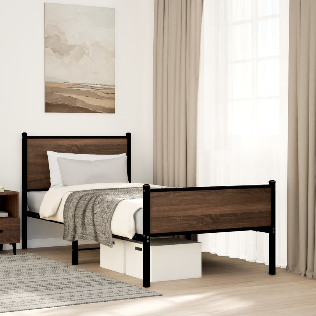 vidaXL Metal Bed Frame without Mattress Brown Oak 75x190 cm Small Single