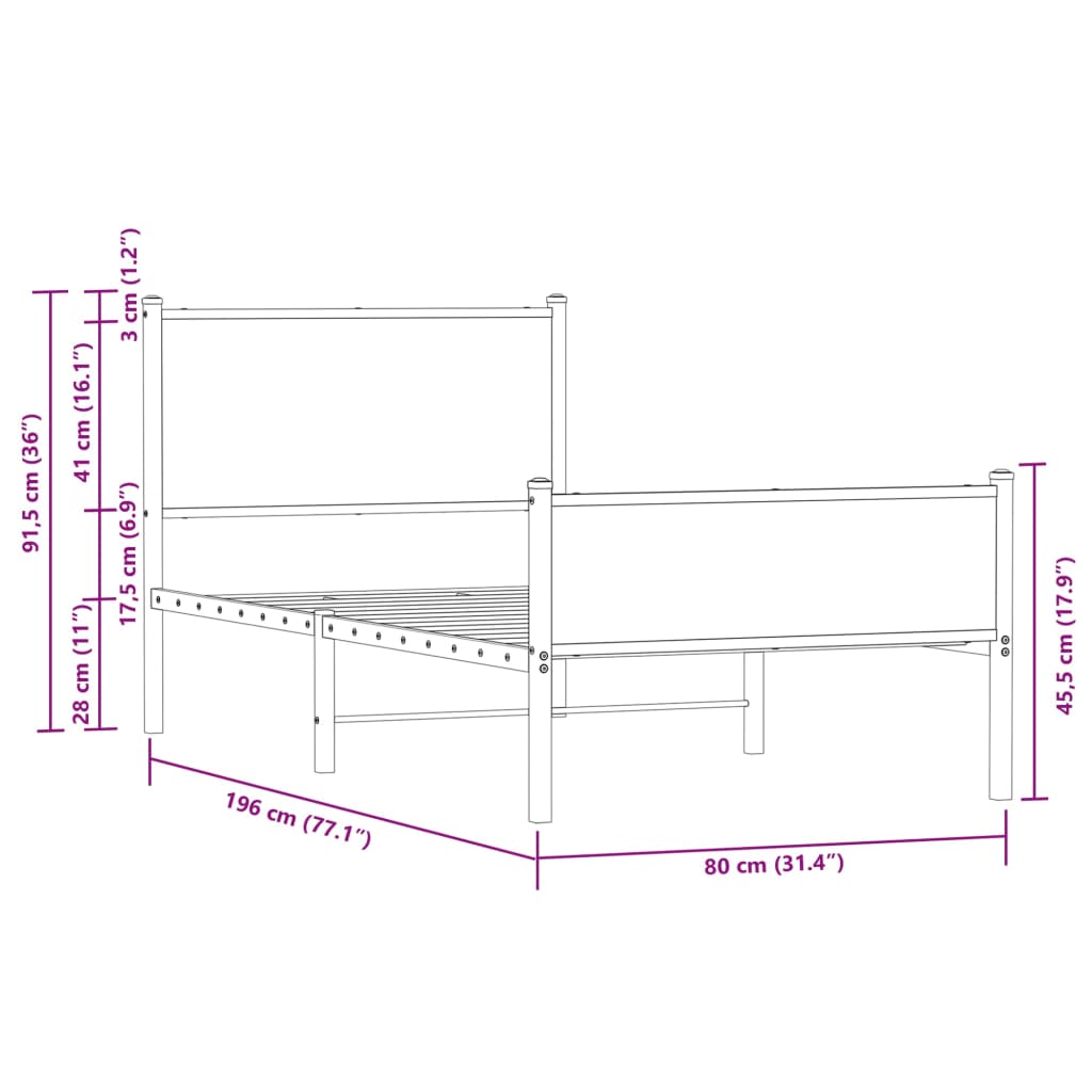 vidaXL Metal Bed Frame without Mattress Brown Oak 75x190 cm Small Single