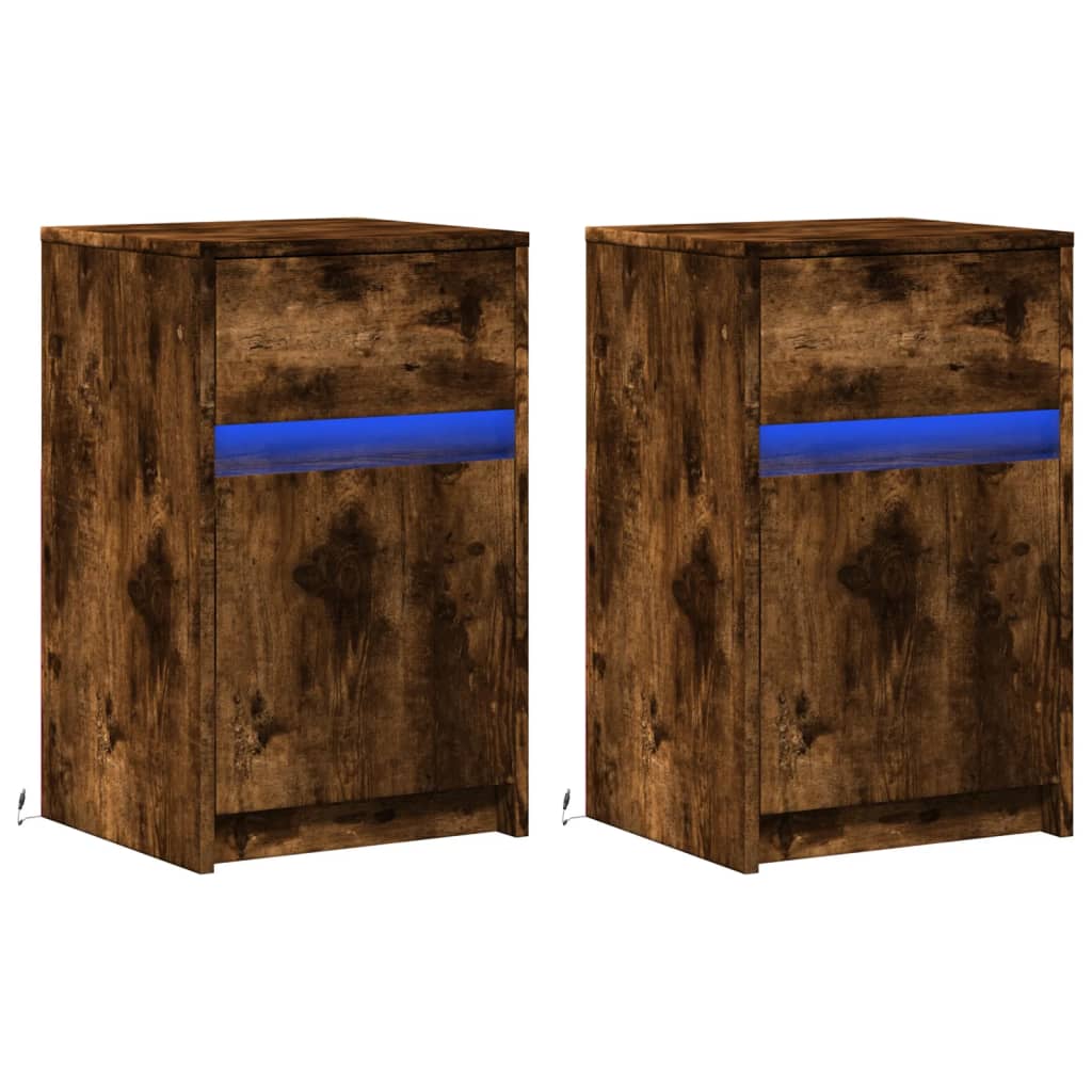 vidaXL Bedside Cabinets with LED Lights 2 pcs Smoked Oak Engineered Wood