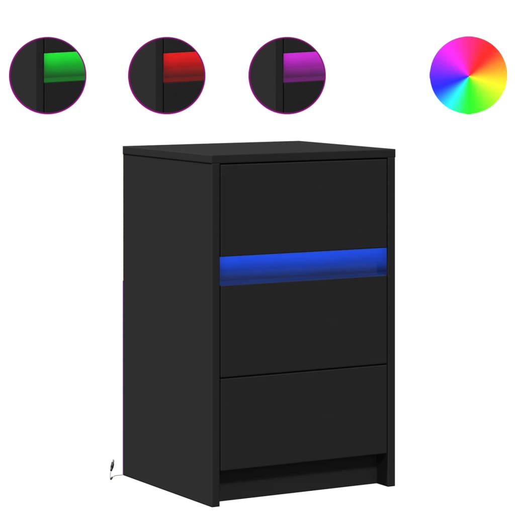 Bedside Cabinet with LED Lights Black Engineered Wood