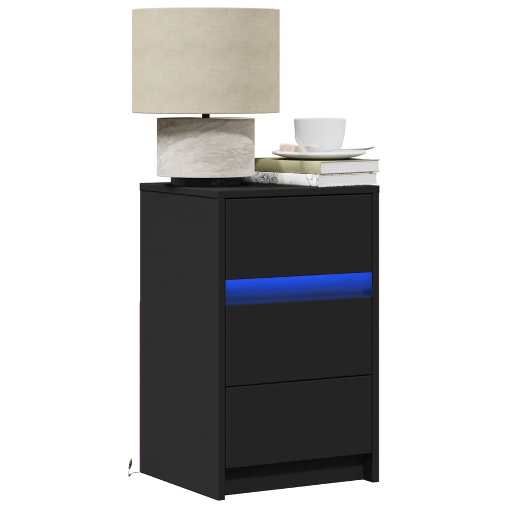 Bedside Cabinet with LED Lights Black Engineered Wood