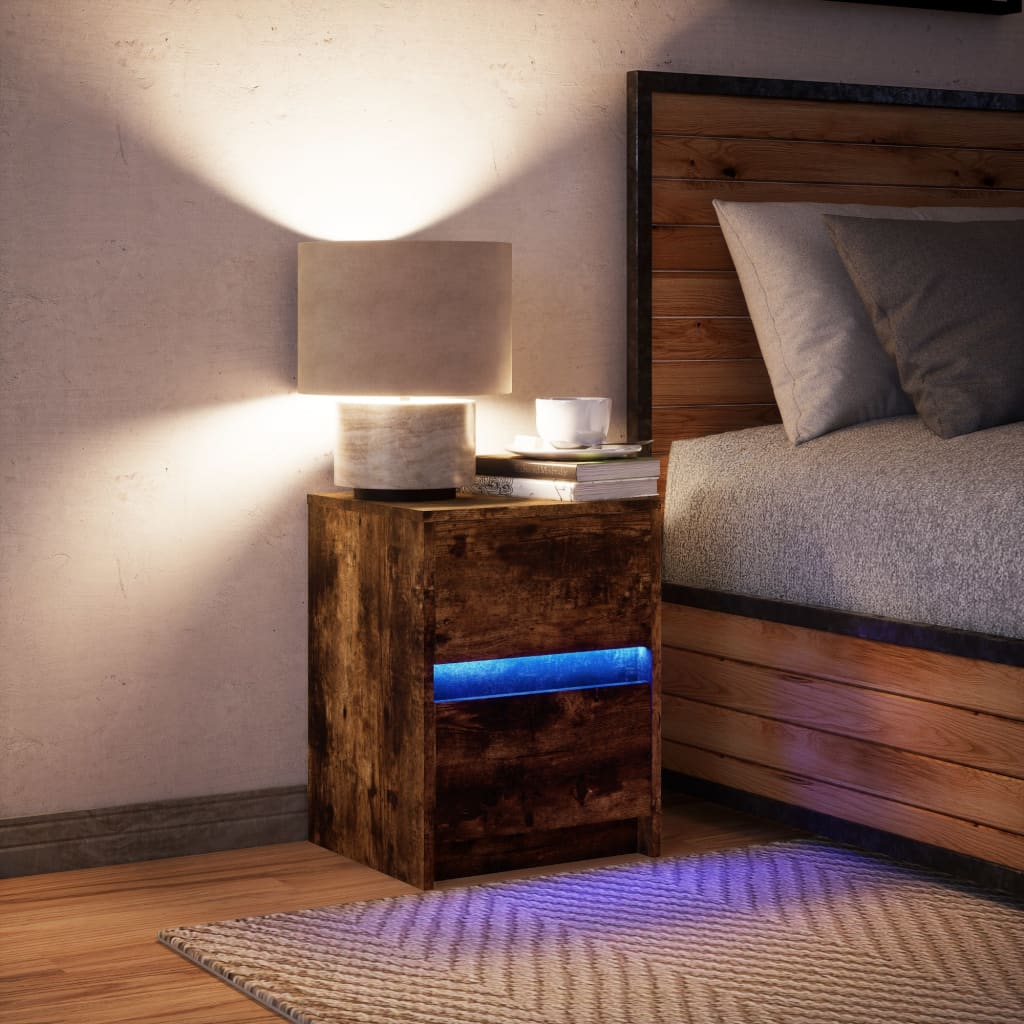vidaXL Bedside Cabinet with LED Lights Smoked Oak Engineered Wood