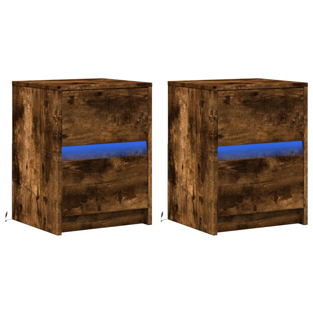 vidaXL Bedside Cabinets with LED Lights 2 pcs Smoked Oak Engineered Wood