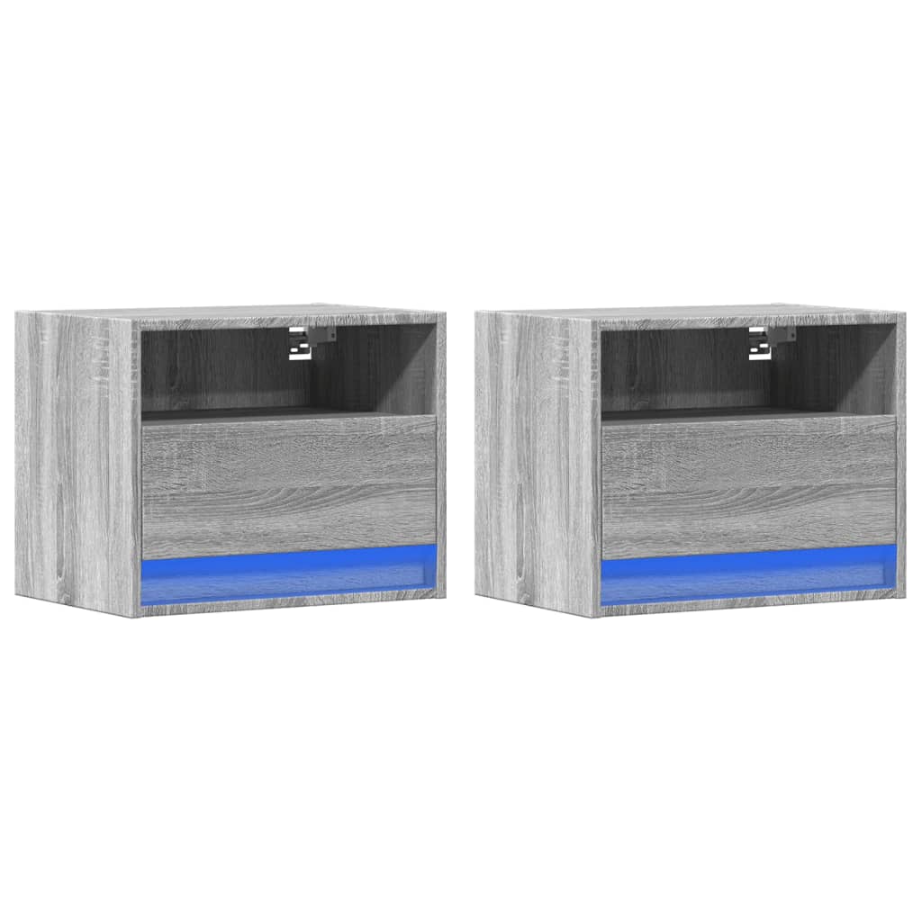 vidaXL Wall-mounted Bedside Cabinets with LED Lights 2 pcs Grey Sonoma