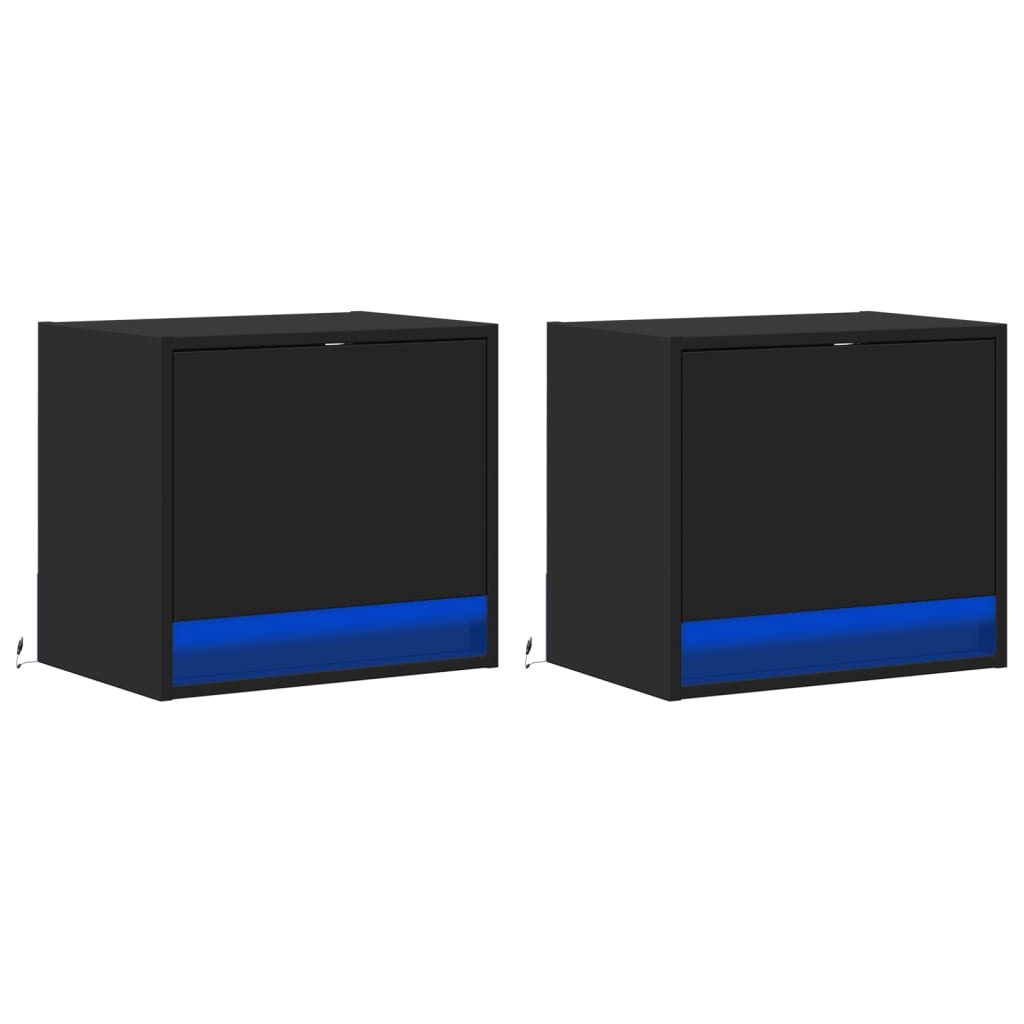 vidaXL Wall-mounted Bedside Cabinets with LED Lights 2 pcs Black