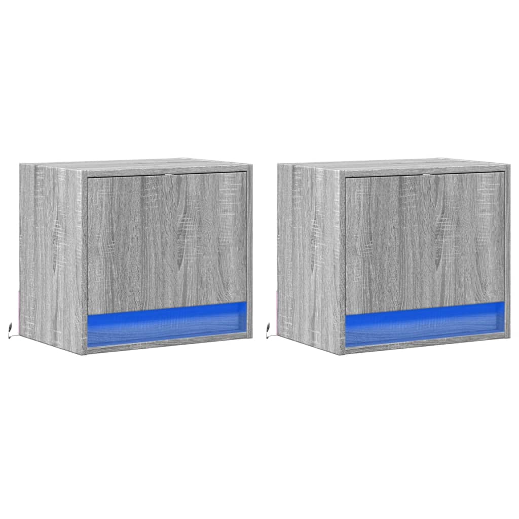 vidaXL Wall-mounted Bedside Cabinets with LED Lights 2 pcs Grey Sonoma