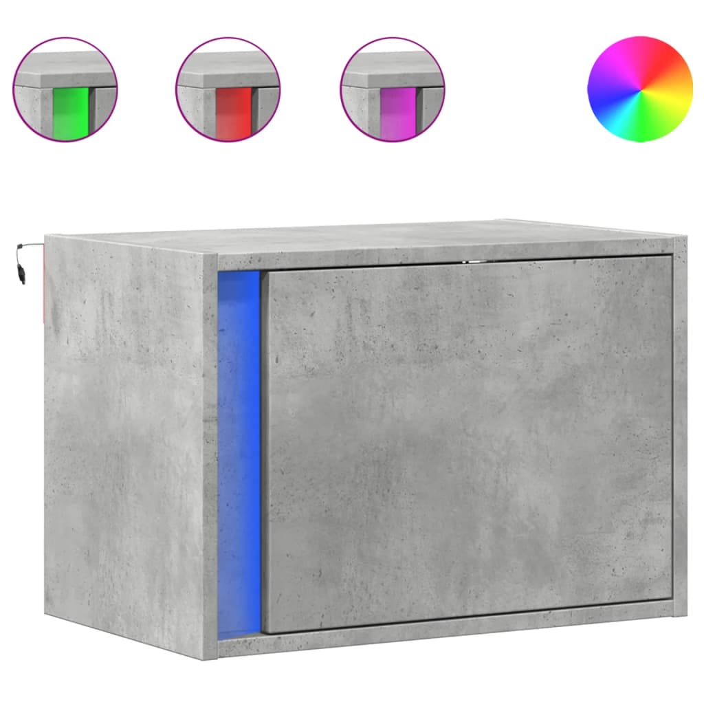 Wall-mounted Bedside Cabinet with LED Lights Concrete Grey