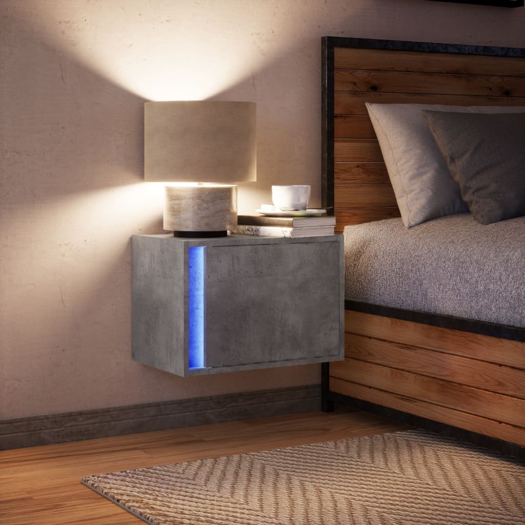 Wall-mounted Bedside Cabinet with LED Lights Concrete Grey