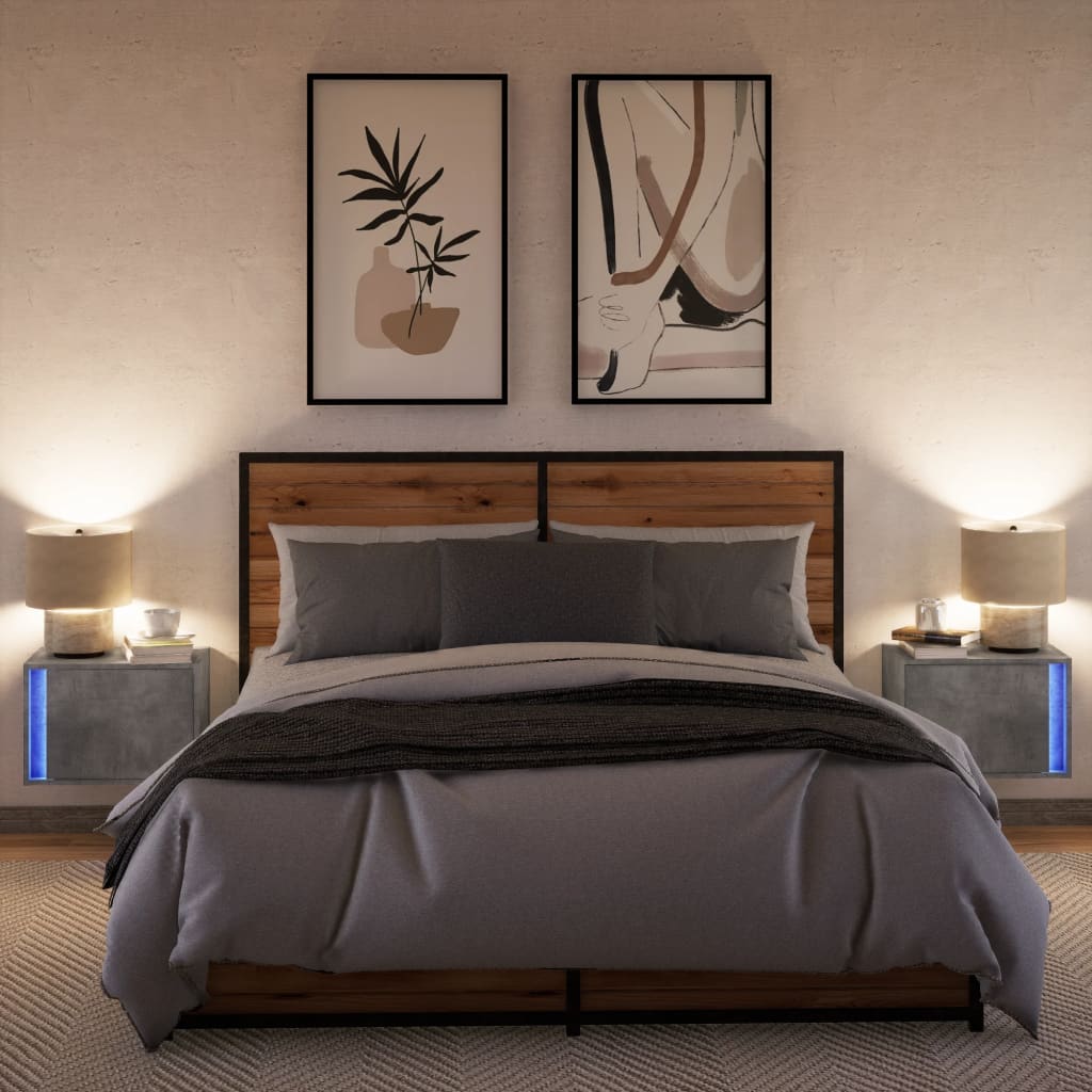 Wall-mounted Bedside Cabinets with LED 2 pcs Concrete Grey