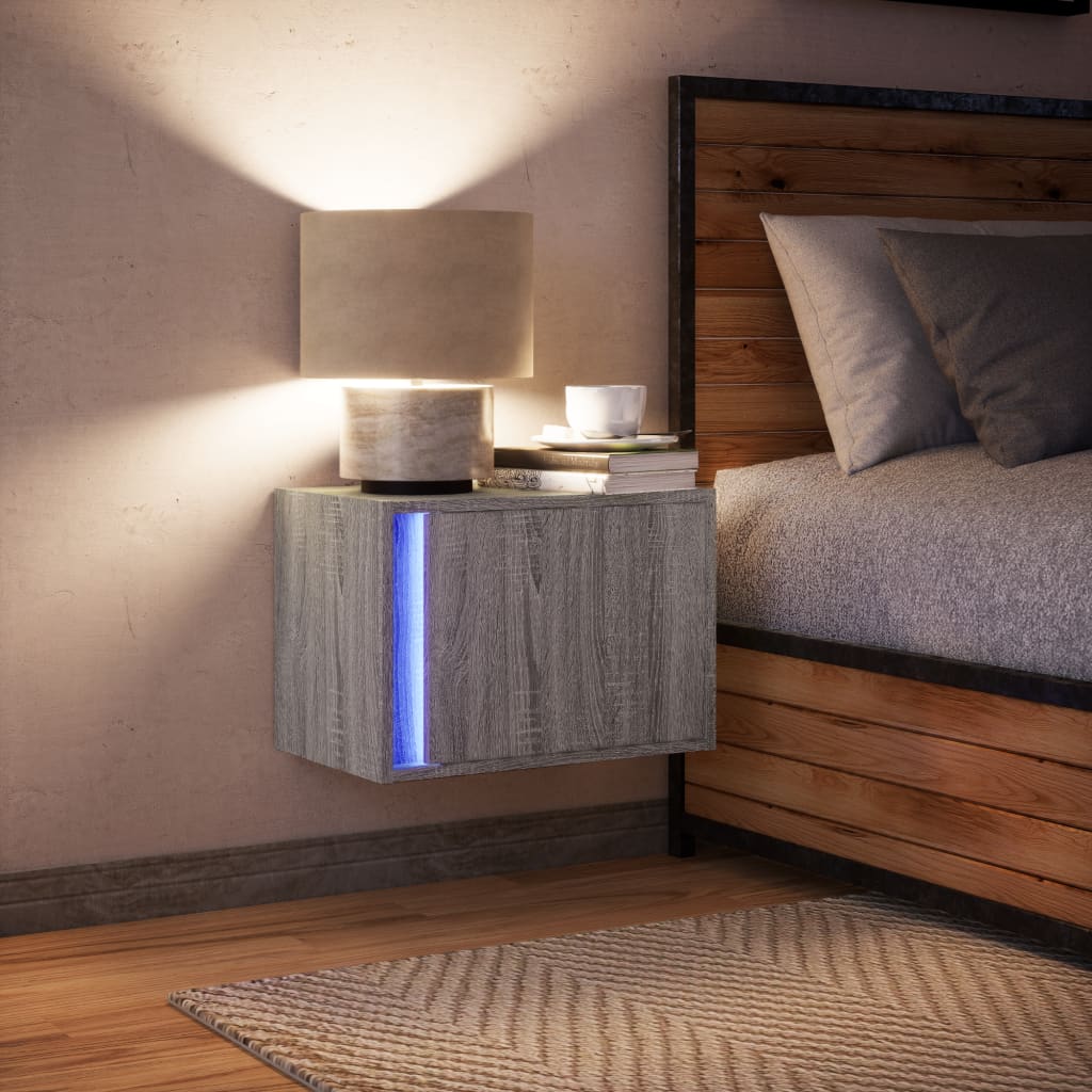 vidaXL Wall-mounted Bedside Cabinet with LED Lights Grey Sonoma