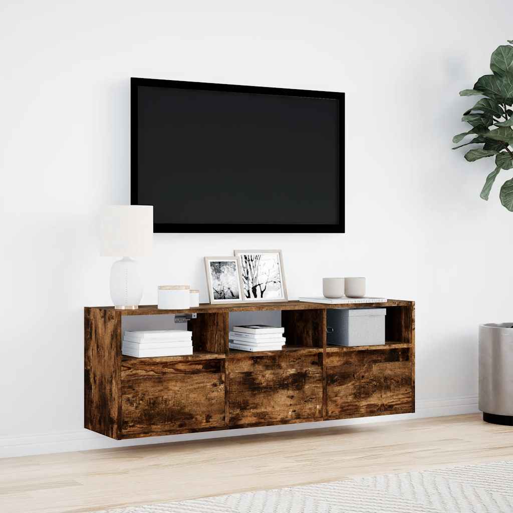 TV Wall Cabinet with LED Lights Smoked Oak 130x31x45 cm