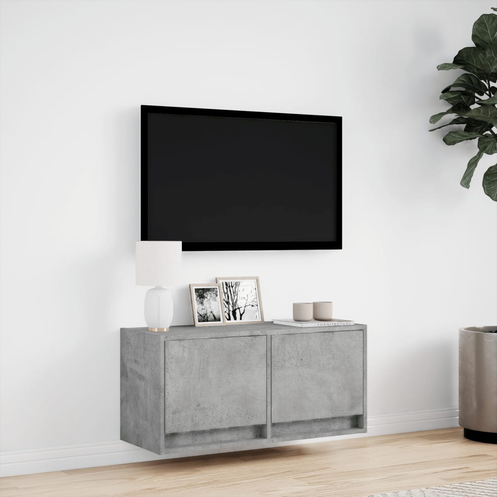 TV Wall Cabinet with LED Lights Concrete Grey 80x31x38 cm