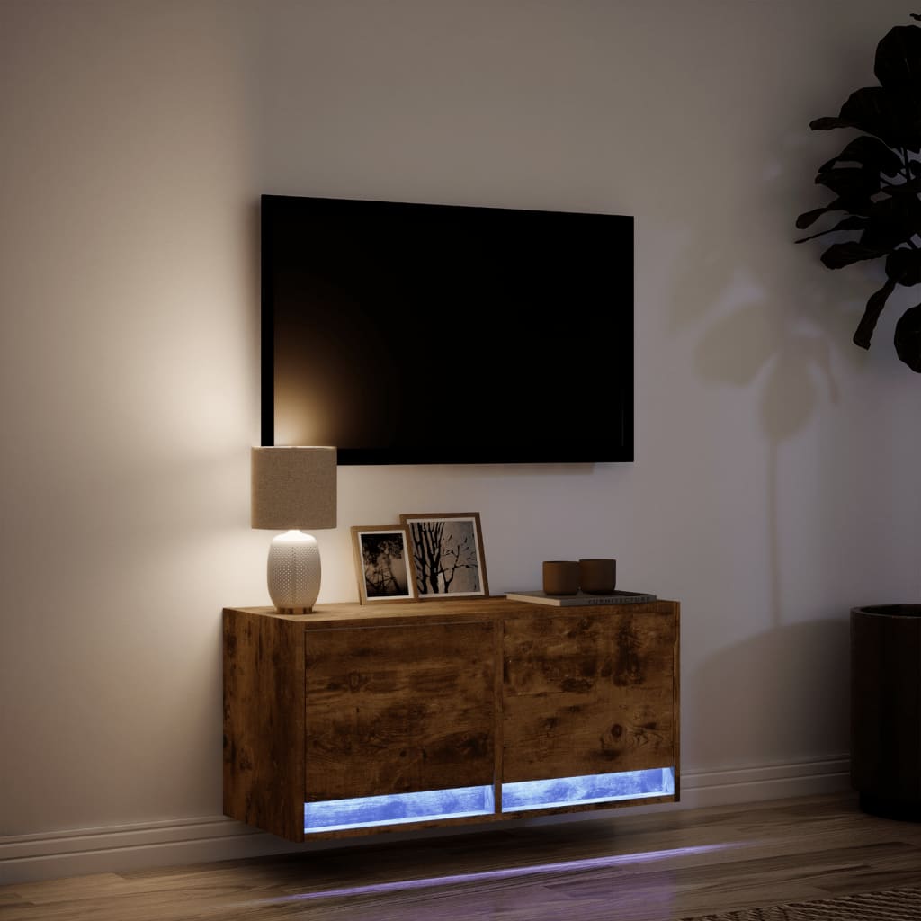 TV Wall Cabinet with LED Lights Smoked Oak 80x31x38 cm