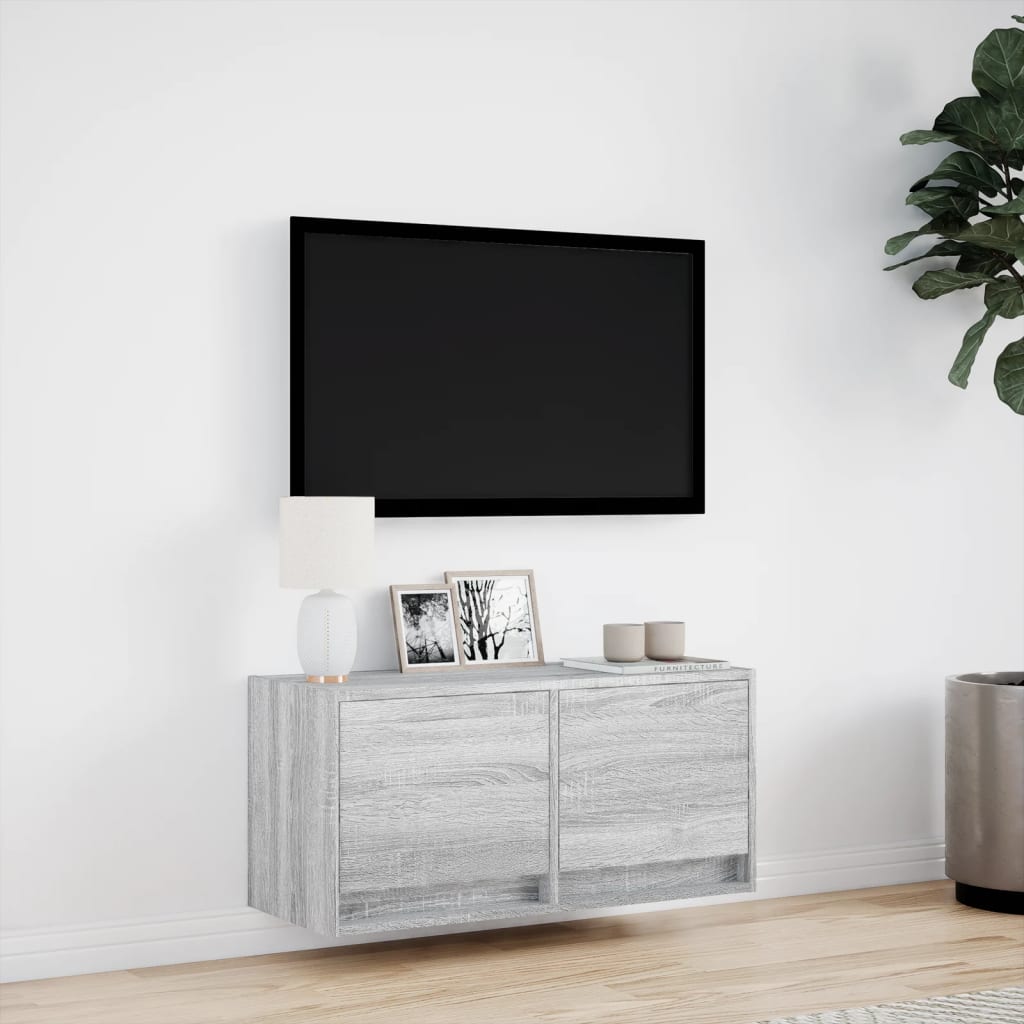 TV Wall Cabinet with LED Lights Grey Sonoma 80x31x38 cm