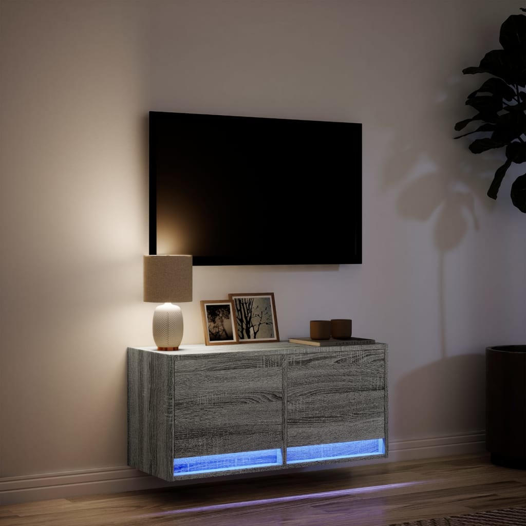 TV Wall Cabinet with LED Lights Grey Sonoma 80x31x38 cm