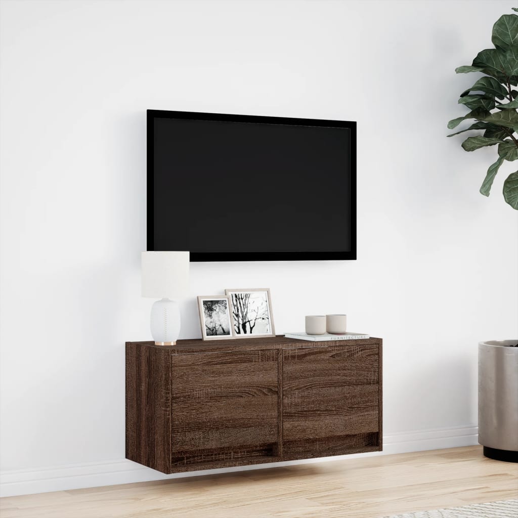 TV Wall Cabinet with LED Lights Brown Oak 80x31x38 cm