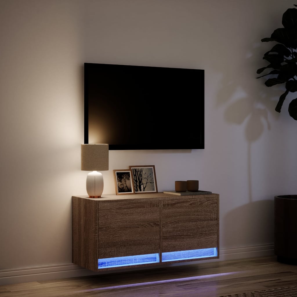 TV Wall Cabinet with LED Lights Brown Oak 80x31x38 cm